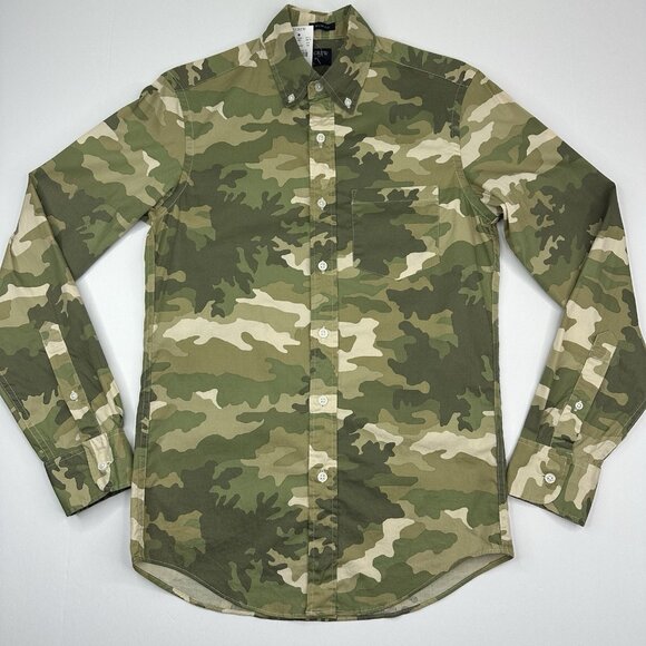 J. Crew Men's NWT Green Camo Button Down Slim-Fit Flex Long‎ Sleeve Shirt XS/C36 - Picture 1 of 11